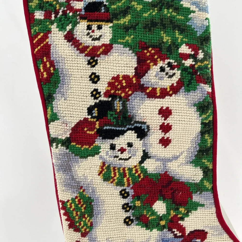 Needlepoint Christmas Stocking Completed Snowman Family Gifts Wreath Velvet, 20